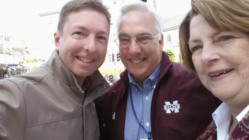 With Danny & Ann Hosley in Waterford, Ireland. That Mississippi State logo on his jacket is a brand that transcends context for its audience.