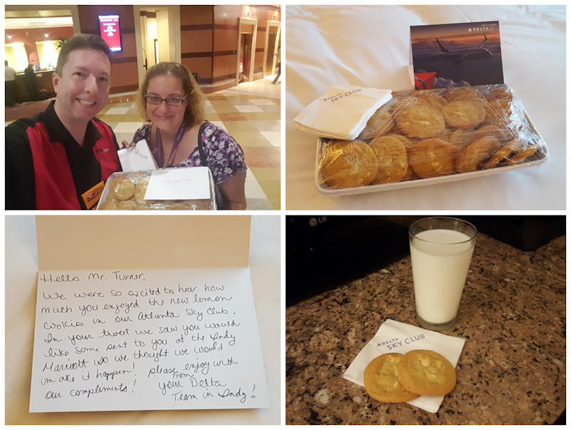 Indianapolis Delta Sky Club Station Manager Christa Khalileh surprised me with a platter of lemon cookies and a thank you note. I replied with a milk-and-cookies nightcap that night.